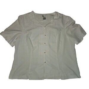 Womens Embroidered Blouse White Pearl Button Up Size 16 Western Cottagecore